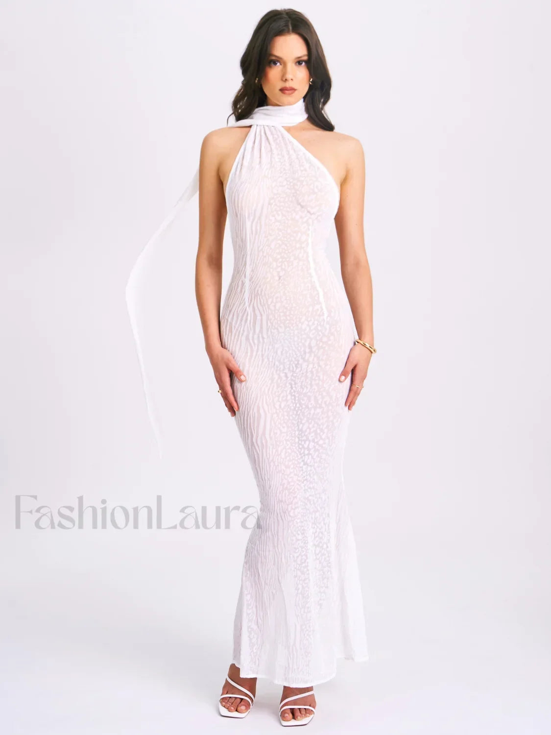 Olena White Burnout Velvet Animal Trendy Print Mesh Halter Neck Maxi Dress