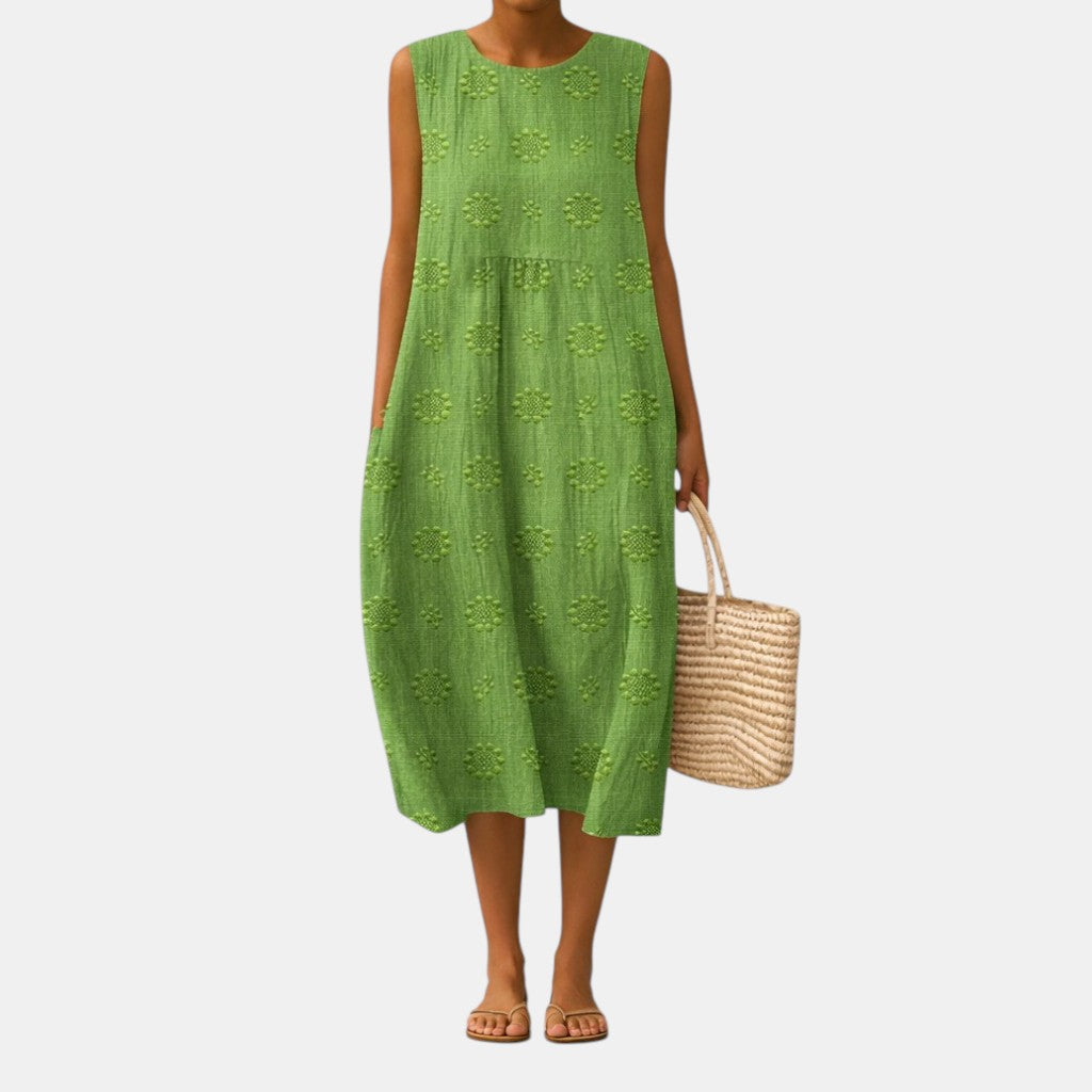Textured Floral Crew Neck Sleeveless A-Line Midi Dress