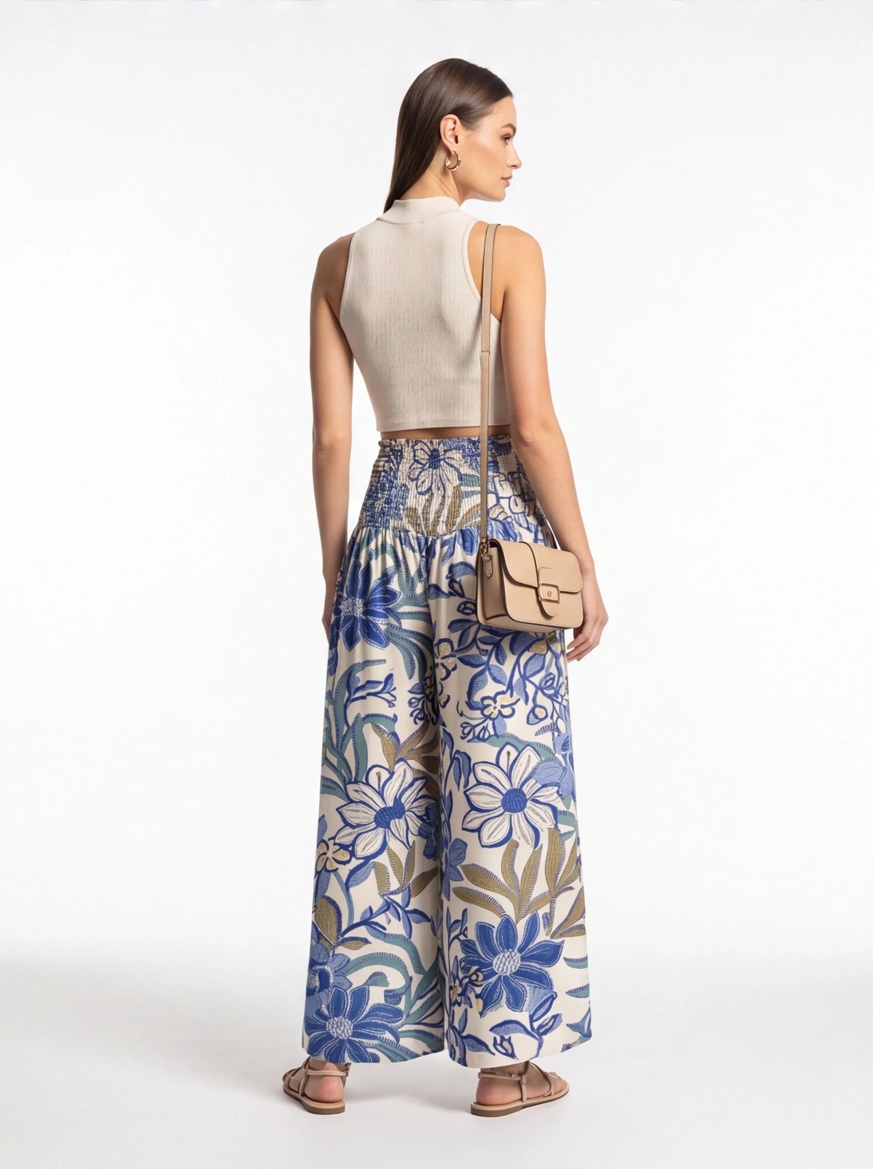 Multicolor Pants High Waist Shirred Elastic Wide Leg Floral Print Drapes Softly Viscose