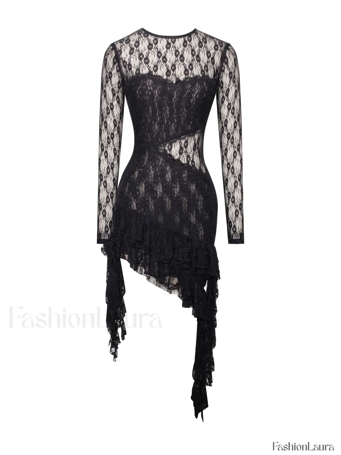Omaira Black Lace Charming Long Sleeve Ruffle Dress