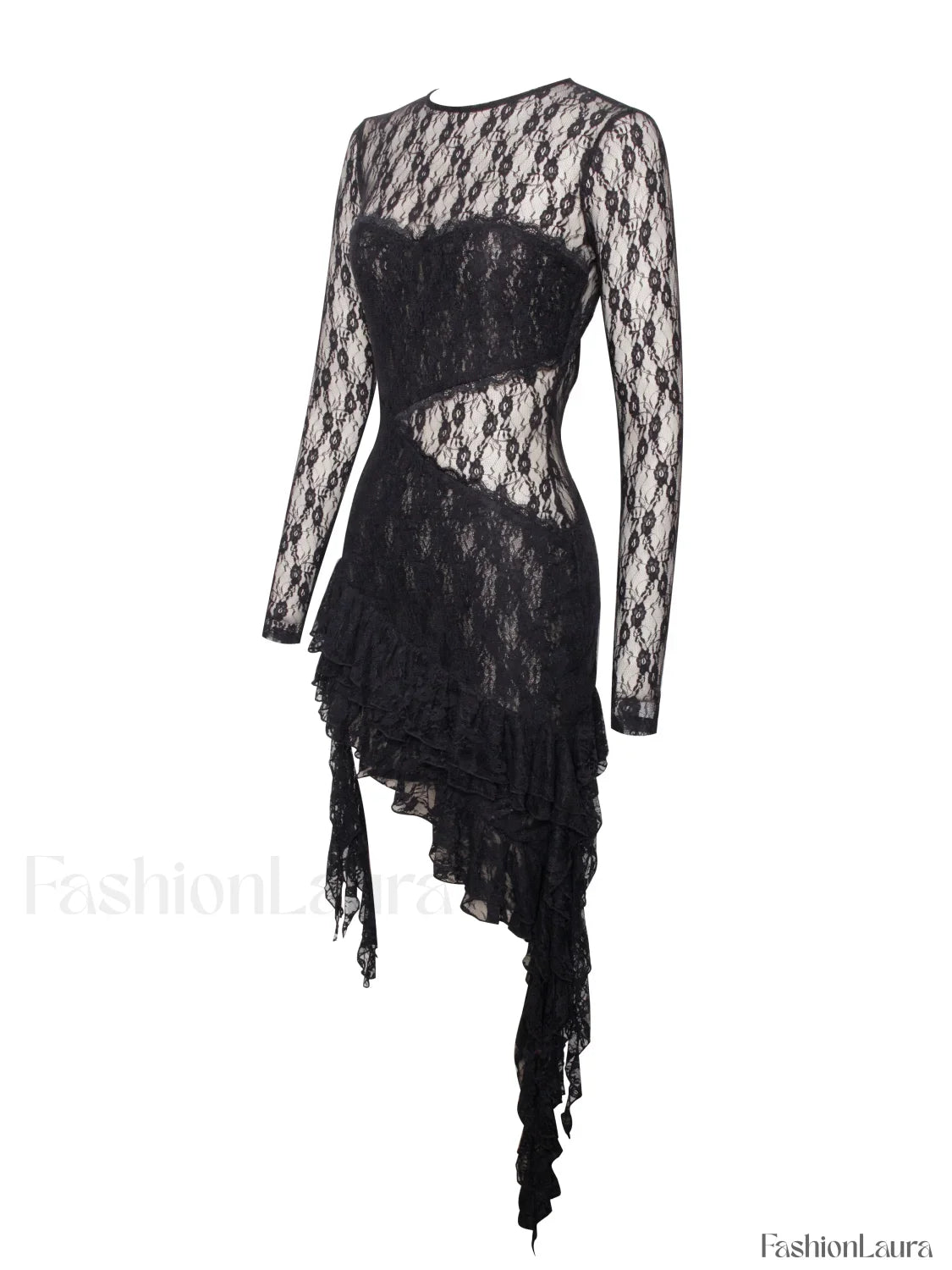 Omaira Black Lace Charming Long Sleeve Ruffle Dress