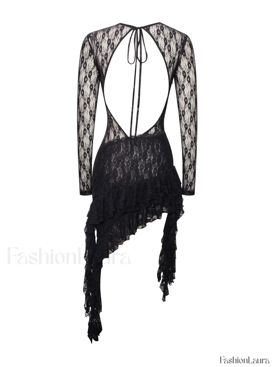 Omaira Black Lace Charming Long Sleeve Ruffle Dress