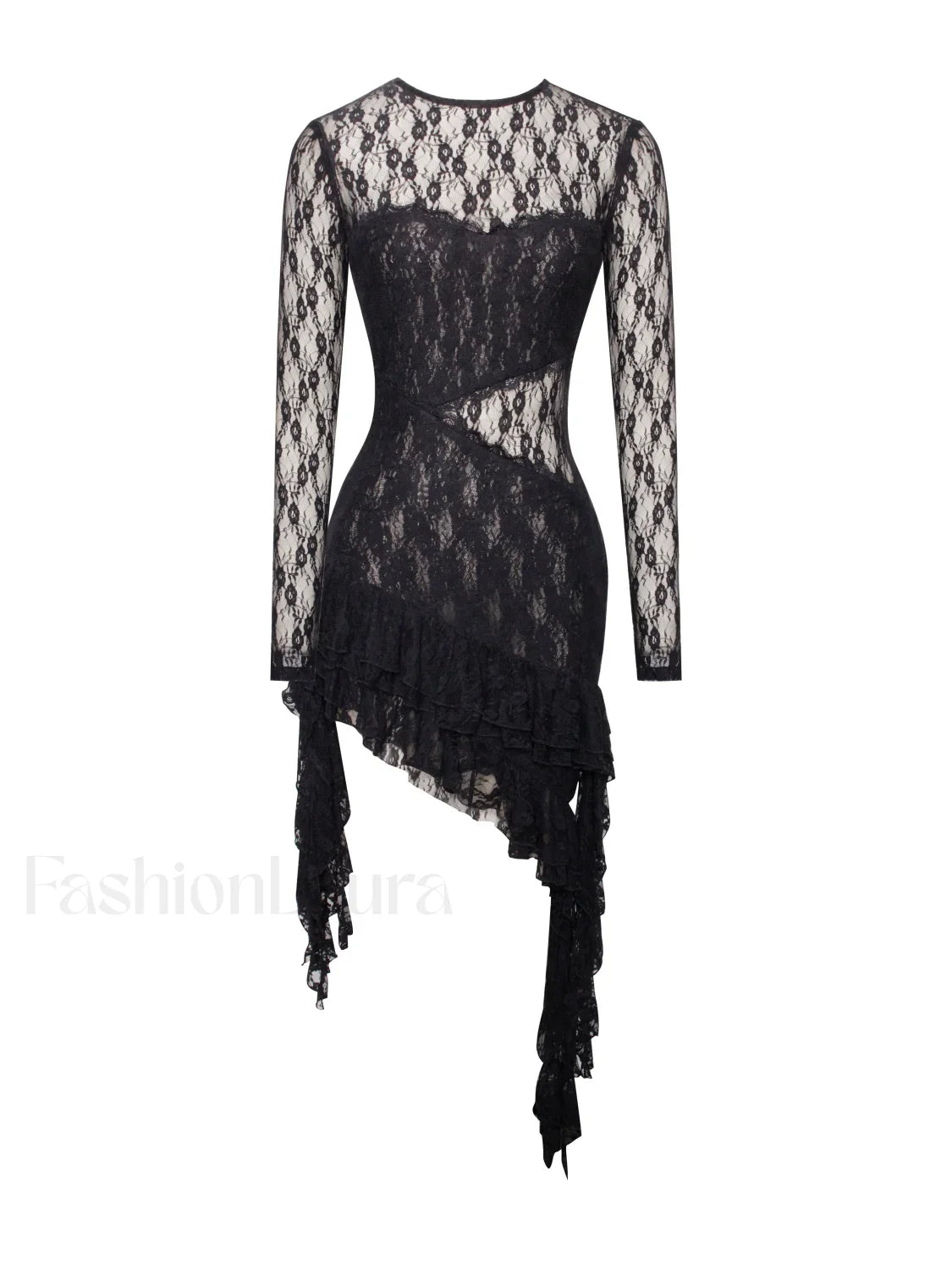 Omaira Black Lace Charming Long Sleeve Ruffle Dress