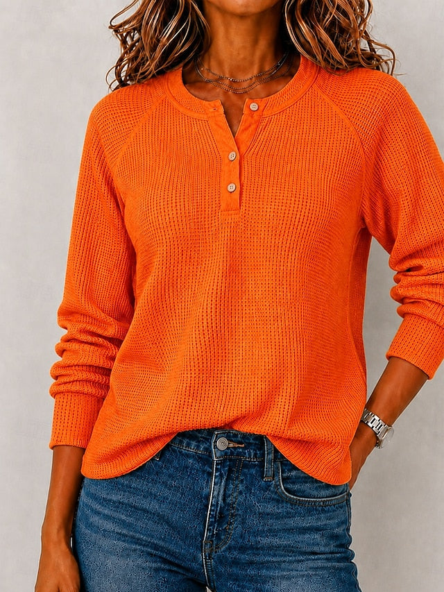 Split Neck Button Long Sleeve Waffle Knit Top