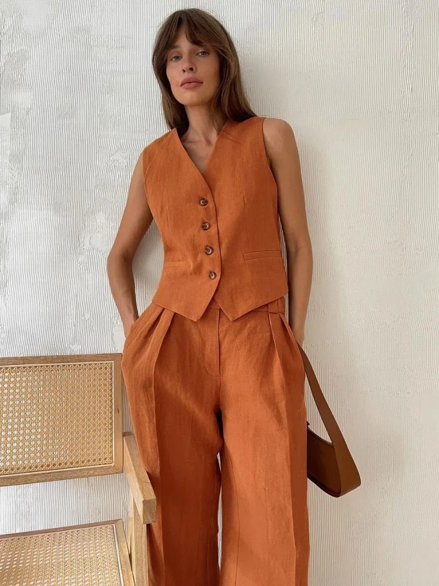 Button Front Vest and Wide Leg Pants Two Piece Set