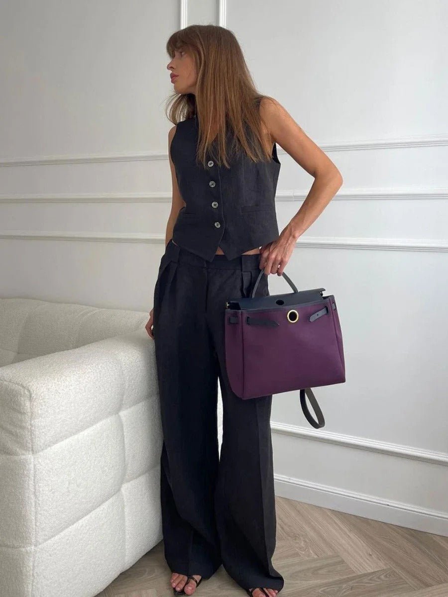 Button Front Vest and Wide Leg Pants Two Piece Set