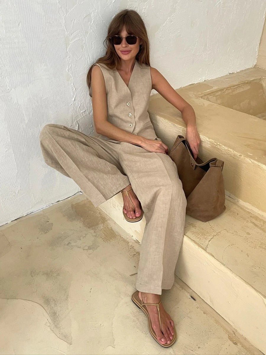 Button Front Vest and Wide Leg Pants Two Piece Set