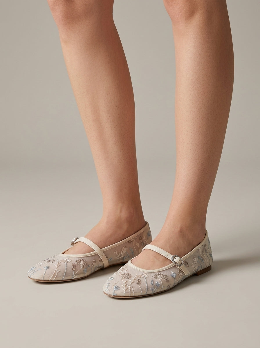 Floral Embroidered Mesh Ankle Strap Mary Jane Ballet Flats