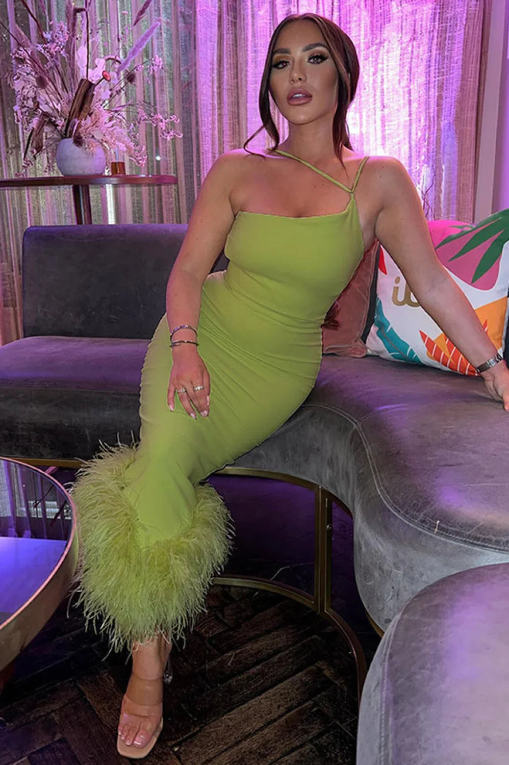 One Shoulder Halter Charming Fur Swing Dress