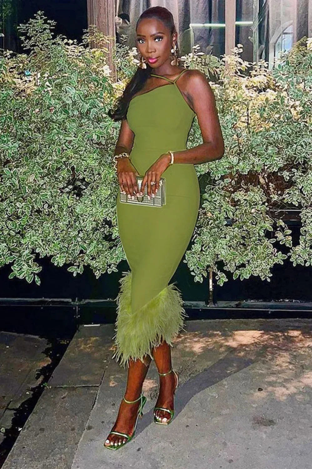 One Shoulder Halter Charming Fur Swing Dress