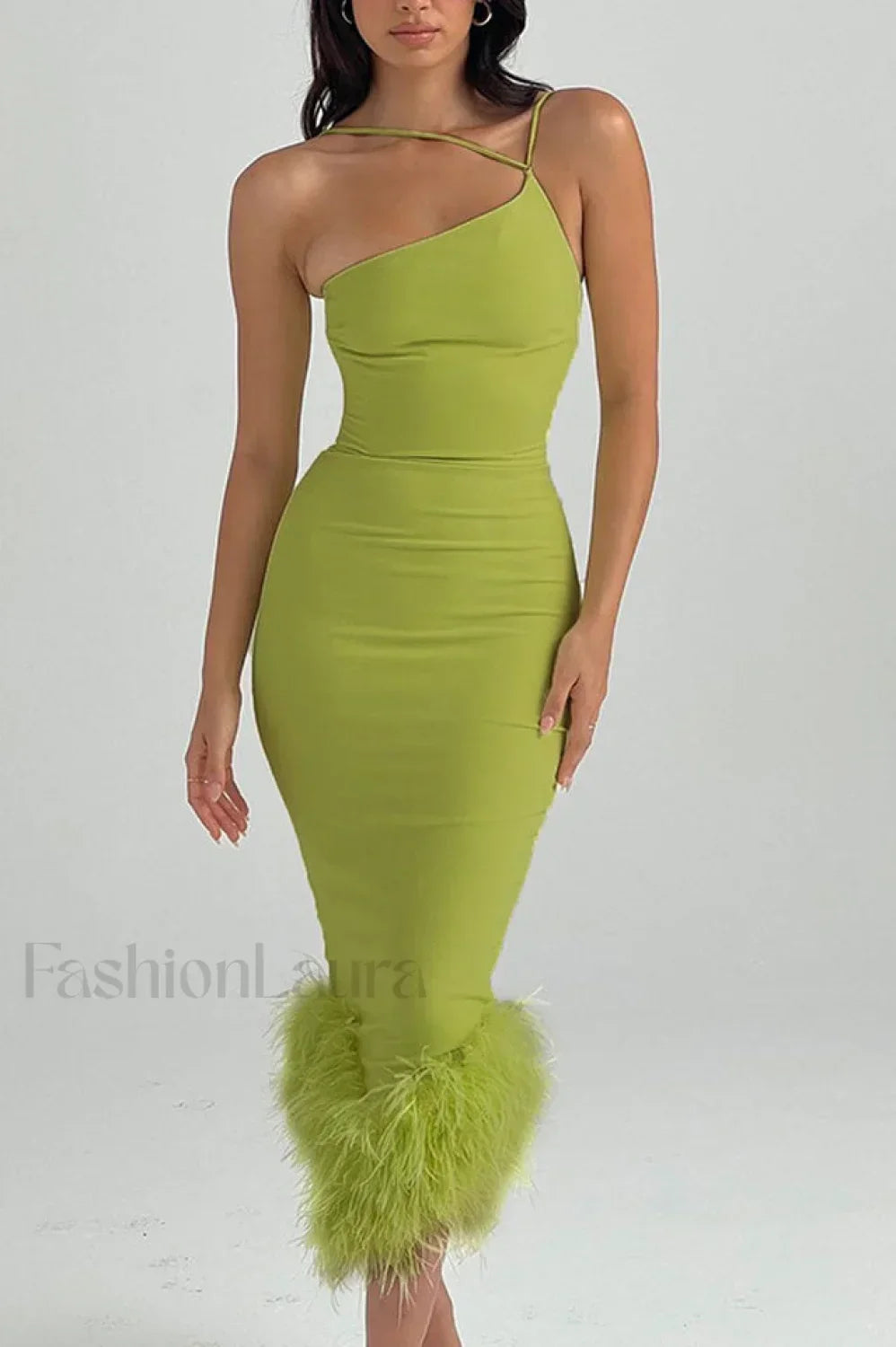 One Shoulder Halter Charming Fur Swing Dress