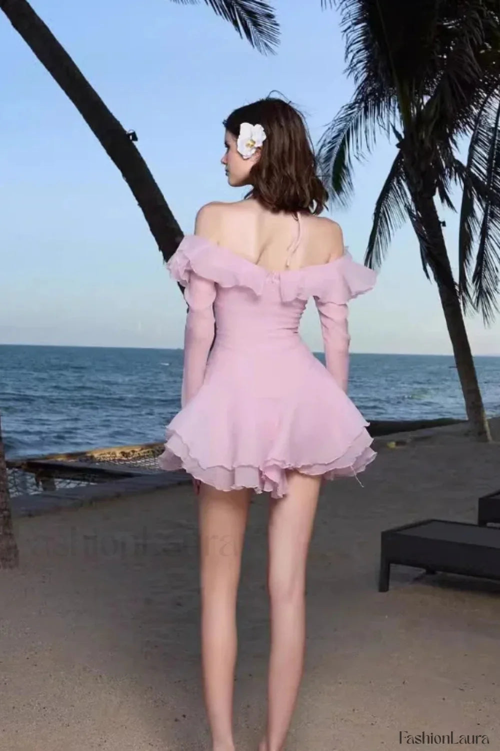 One-Shoulder Horn Sleeve Ruffled Neck Mini Dress