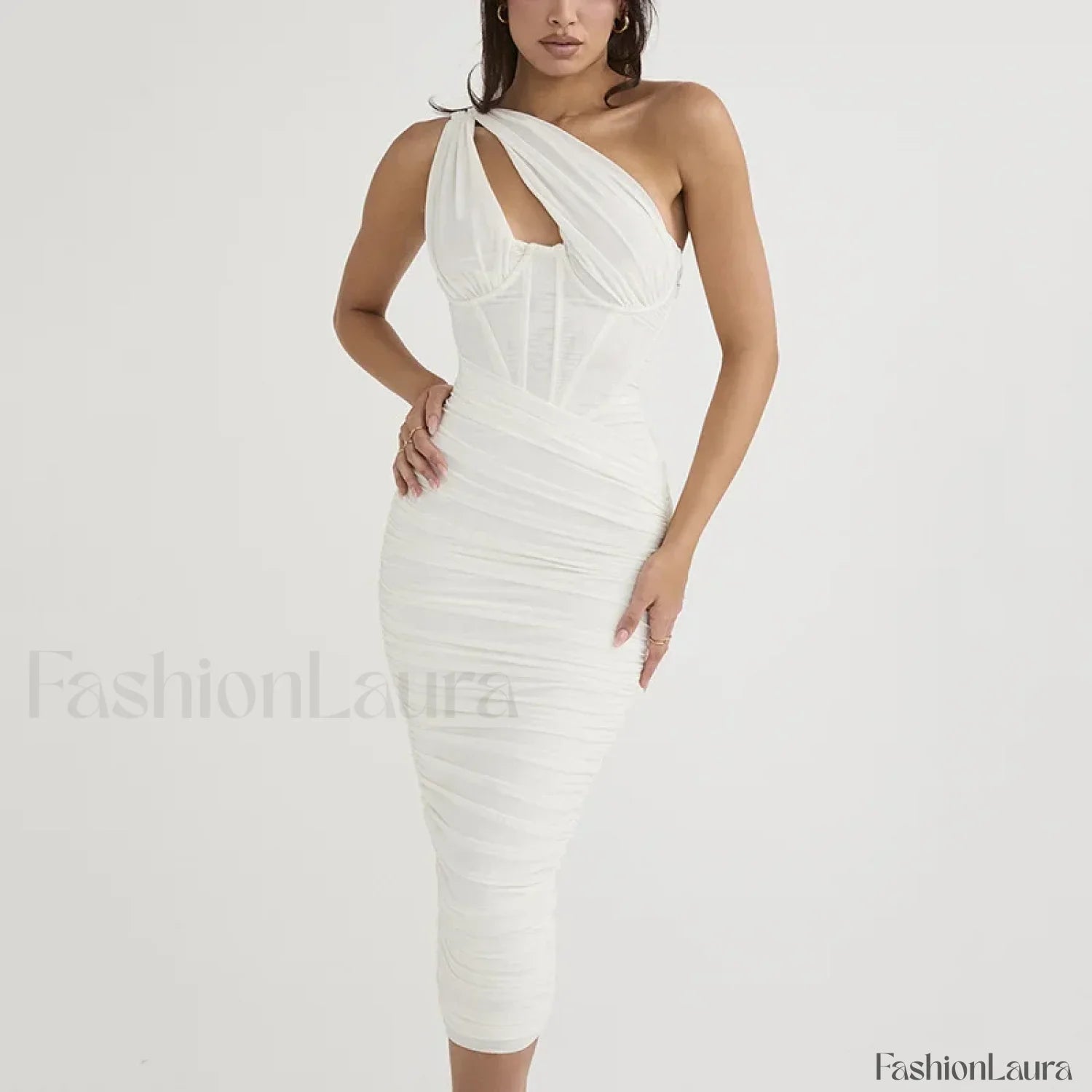 One-Shoulder Mesh Midi Dress