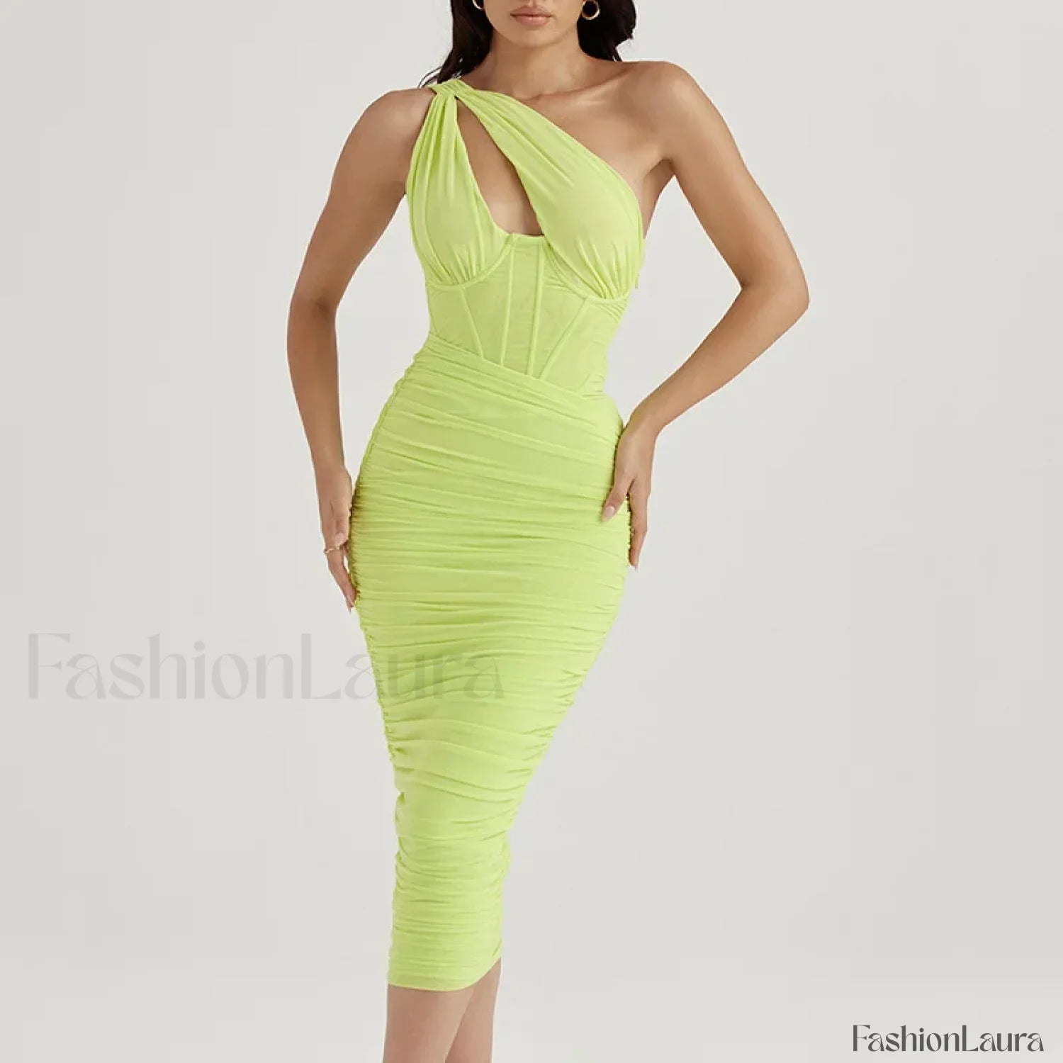 One-Shoulder Mesh Midi Dress