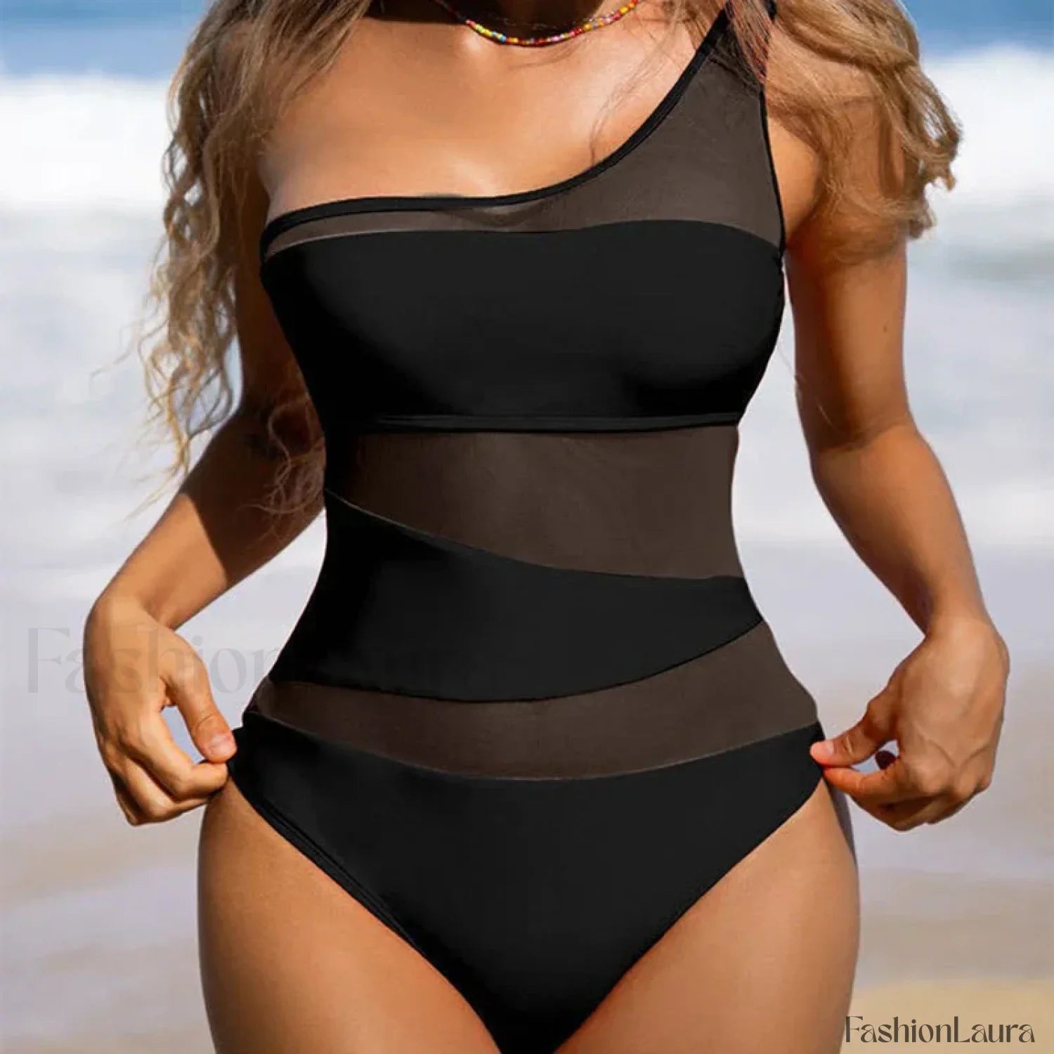 One Shoulder Mesh Orange One Piece