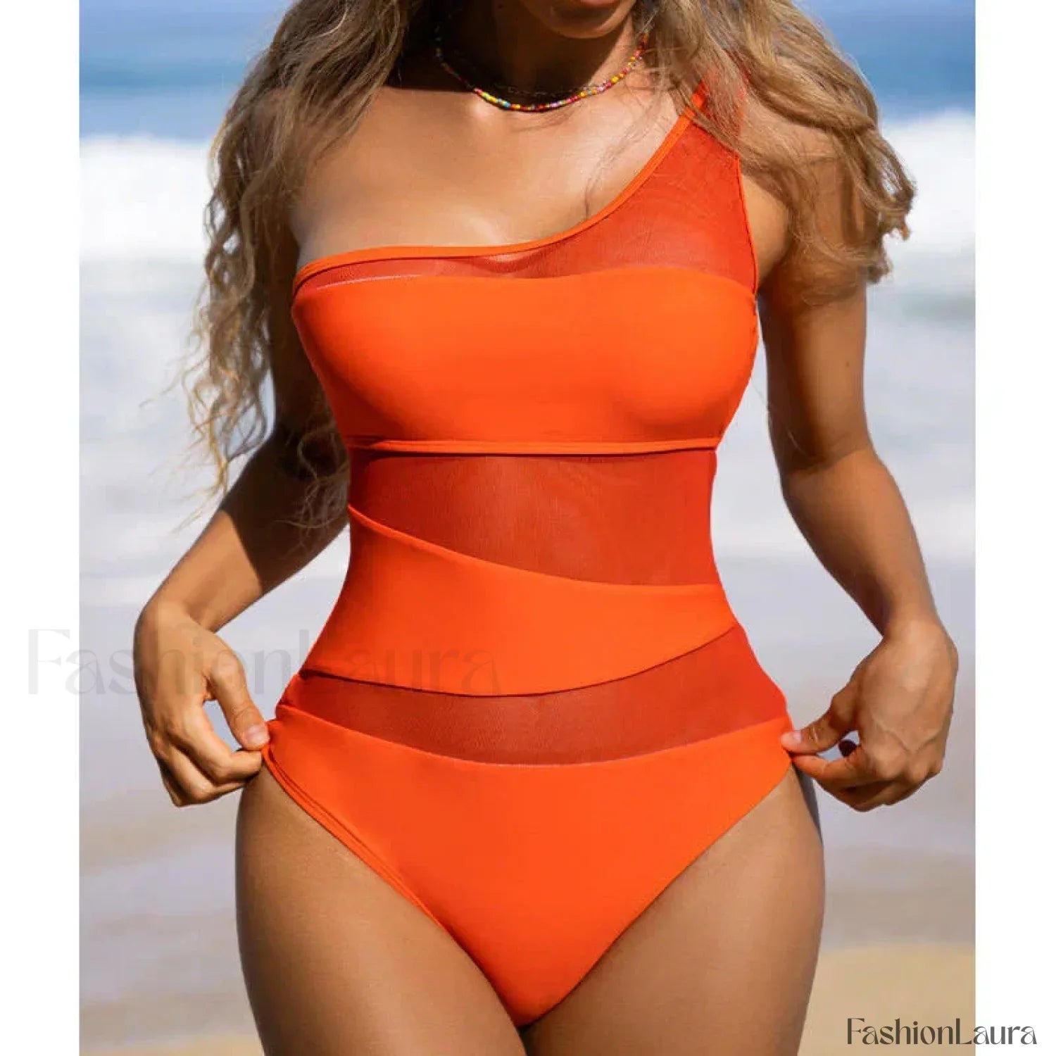 One Shoulder Mesh Orange One Piece