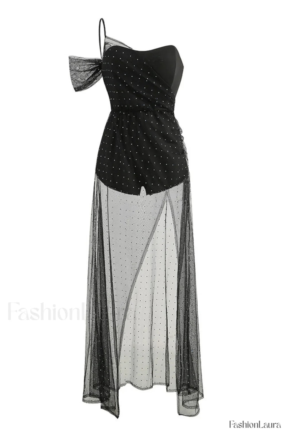 One Shoulder Rhinestone Charming Mesh Maxi Dress