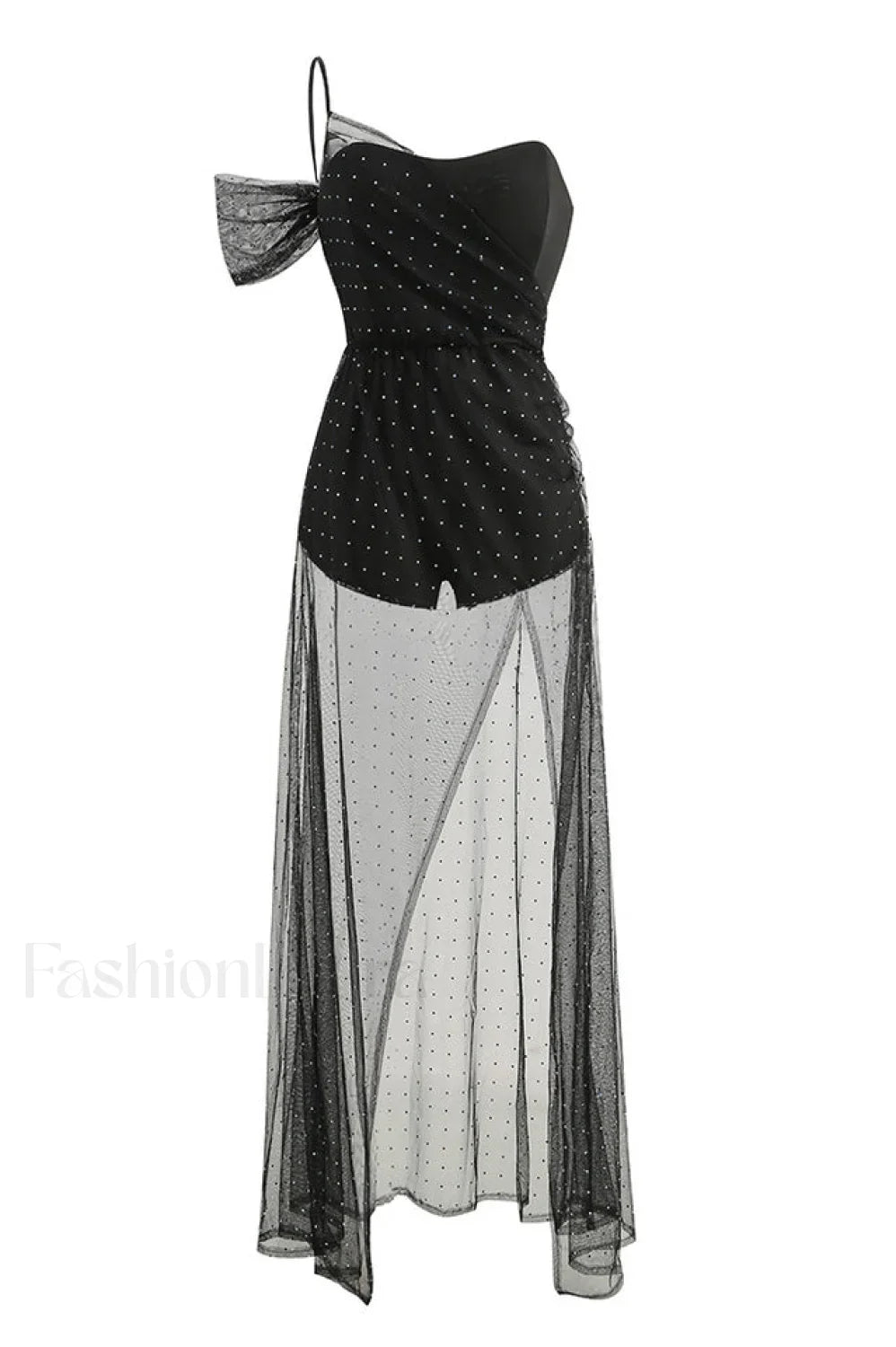 One Shoulder Rhinestone Charming Mesh Maxi Dress