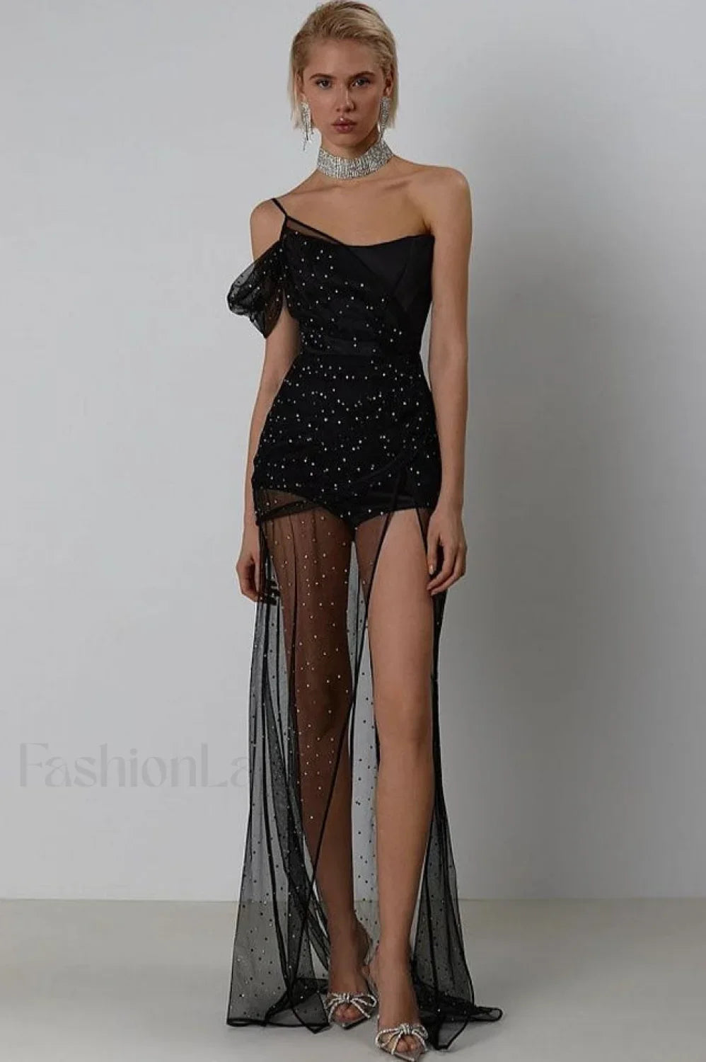 One Shoulder Rhinestone Charming Mesh Maxi Dress S