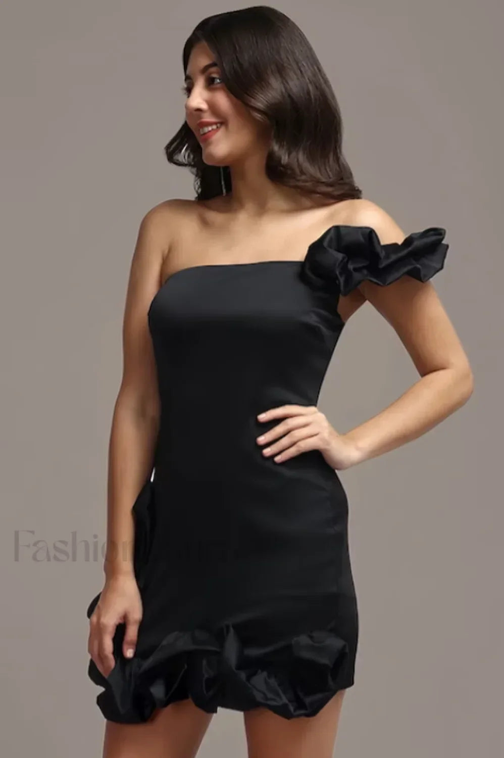 One Shoulder Ruffled Charming Sheath Mini Dress