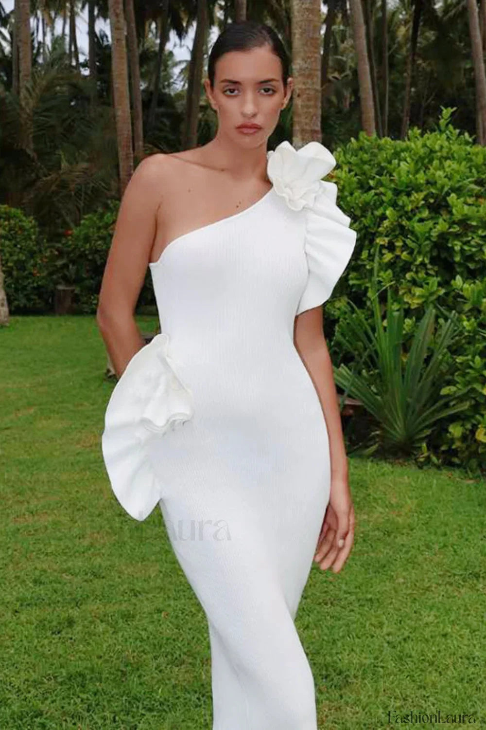 One-Shoulder Ruffled Floral Knit Maxi Dress