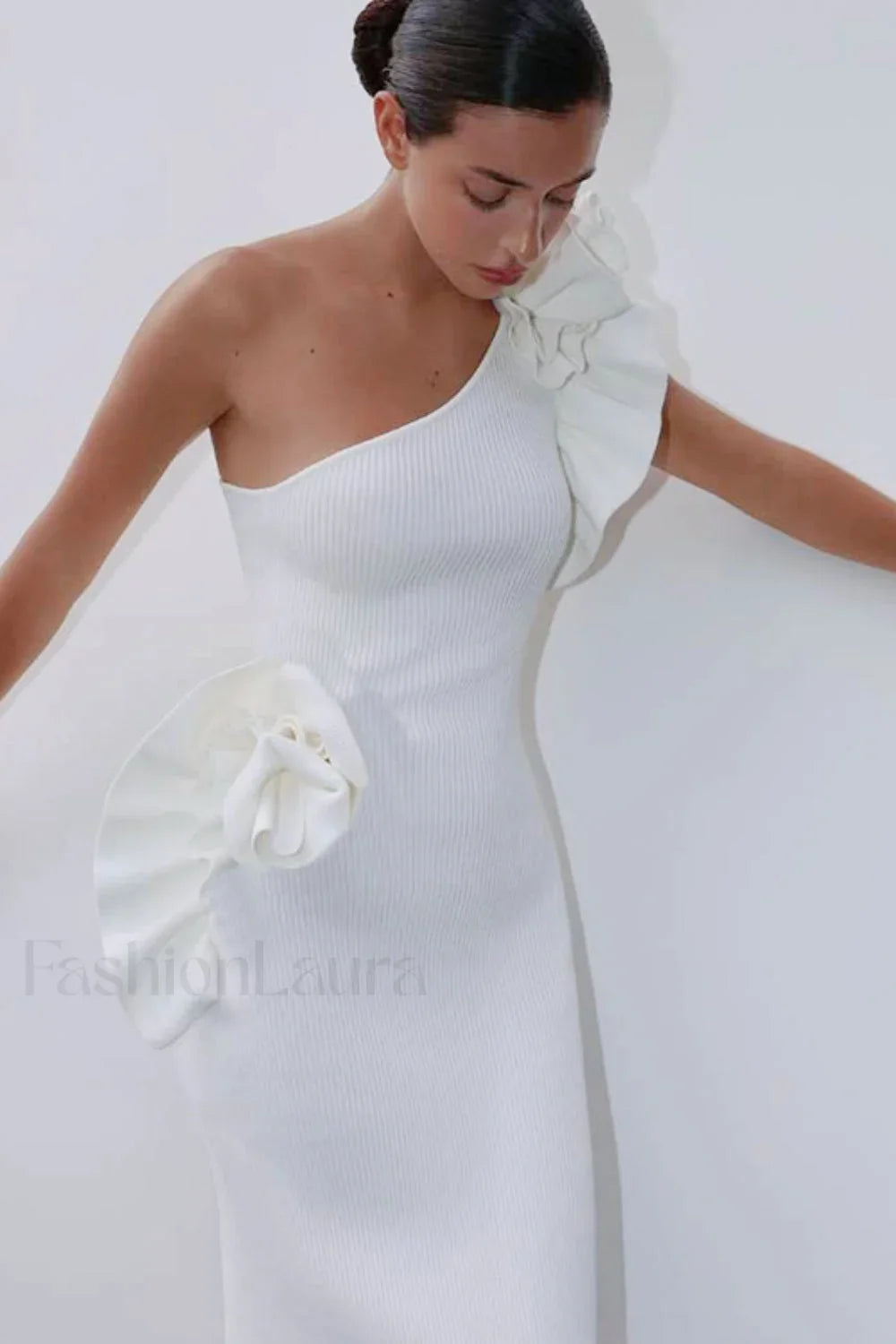 One-Shoulder Ruffled Floral Knit Maxi Dress