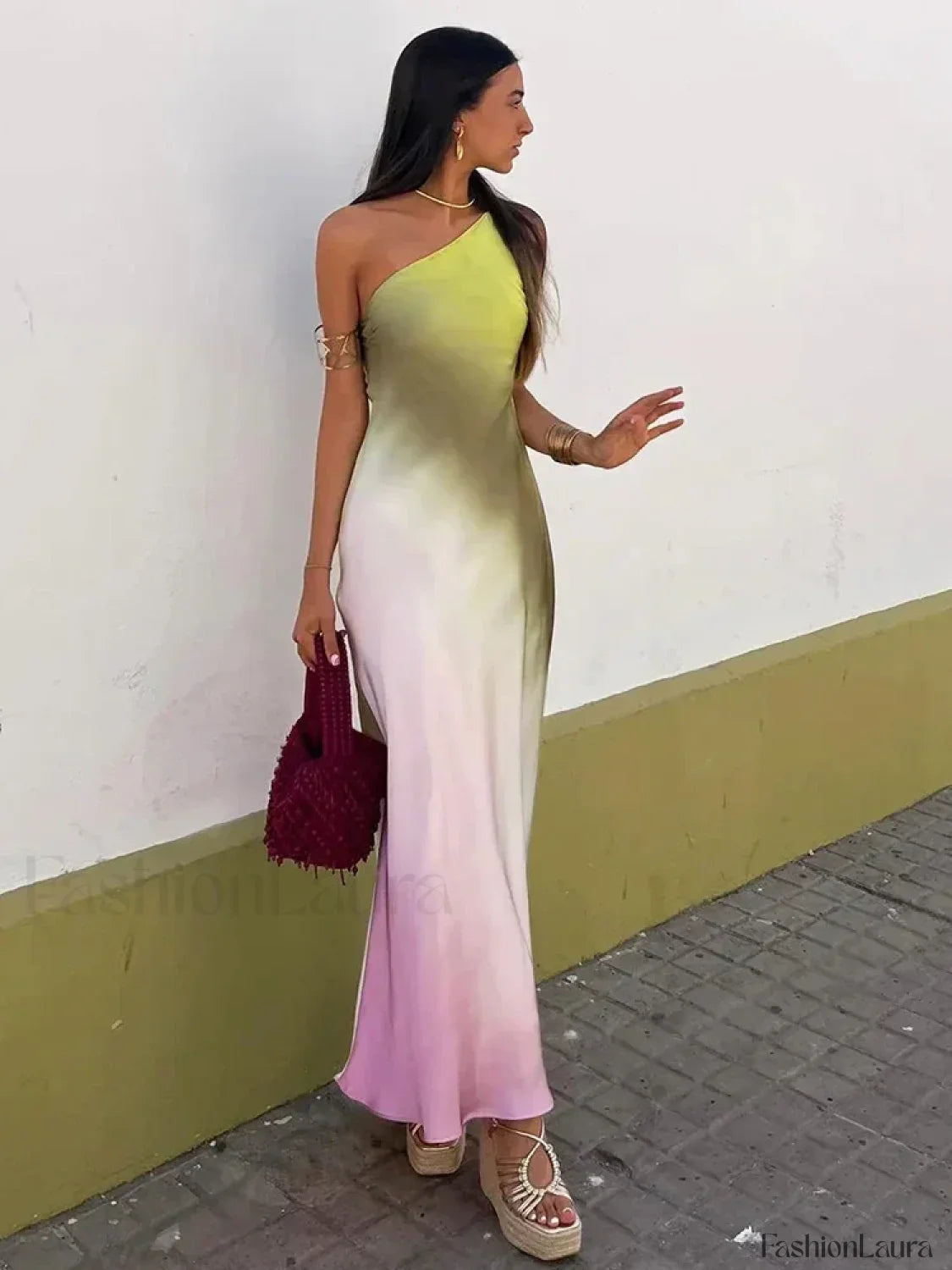 One Shoulder Satin Tie Dye Maxi Dress