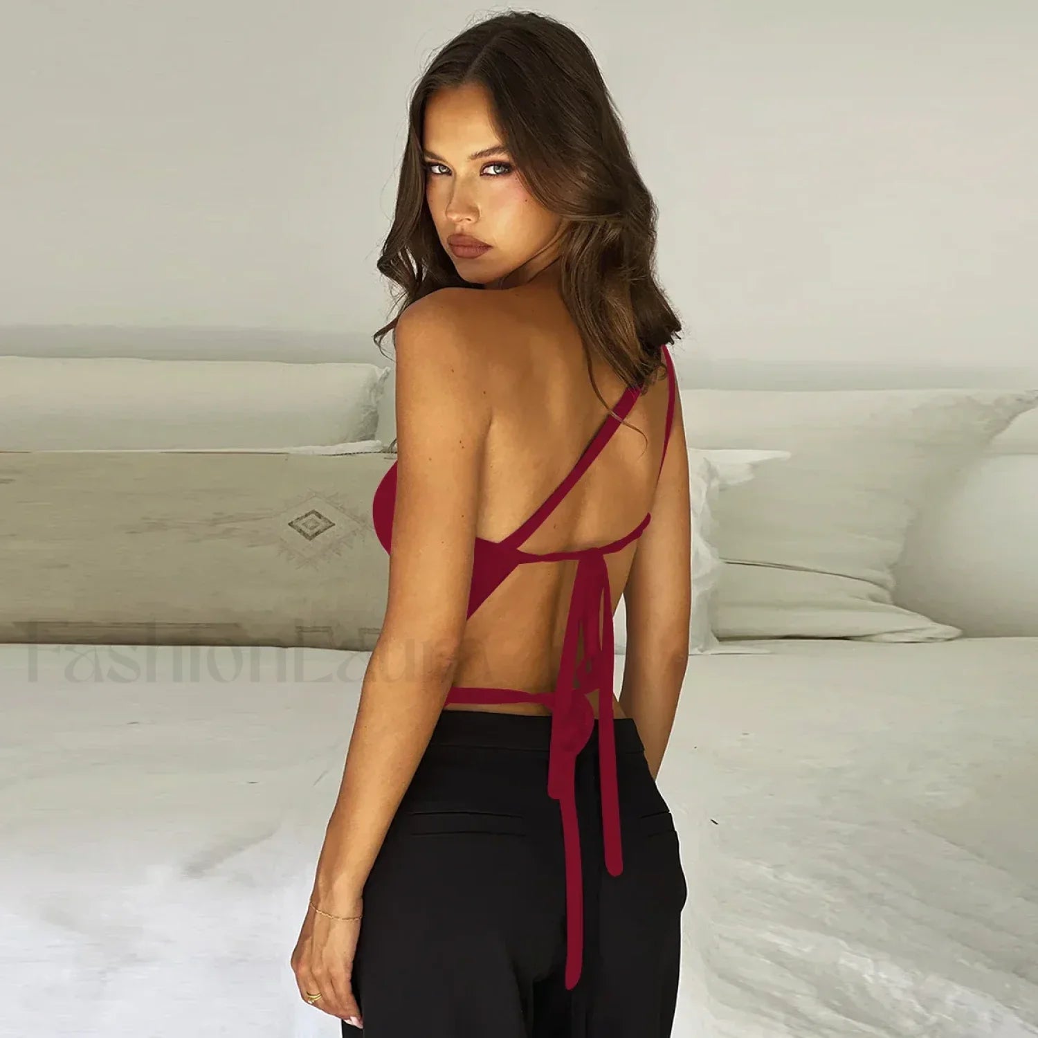 One Shoulder Solid Color Lace-Up Irregular Short Crop Top