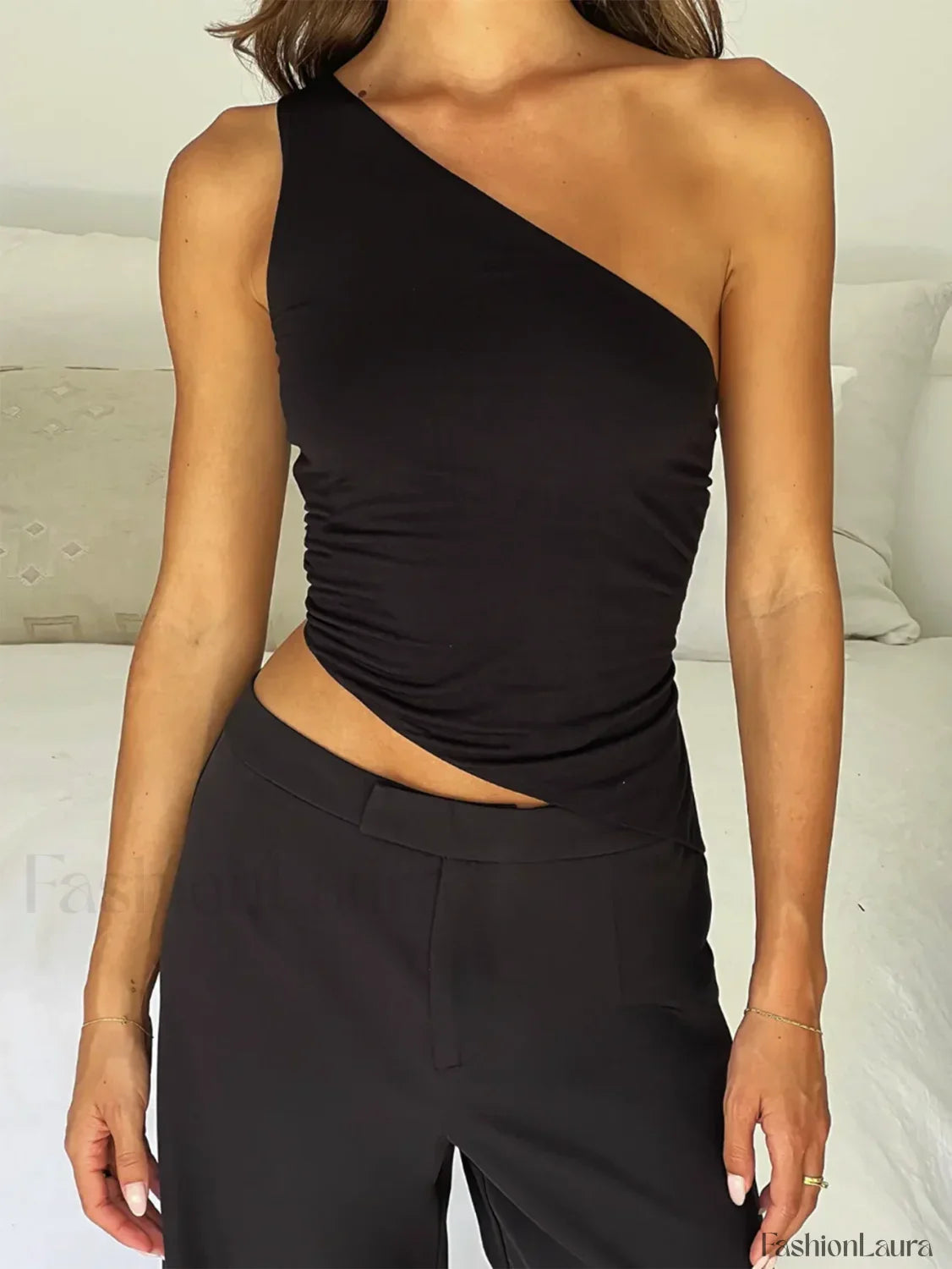 One Shoulder Solid Color Lace-Up Irregular Short Crop Top