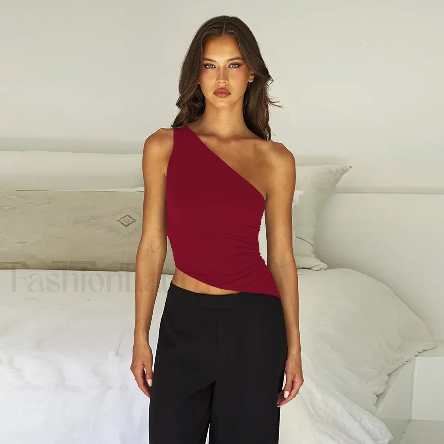 One Shoulder Solid Color Lace-Up Irregular Short Crop Top