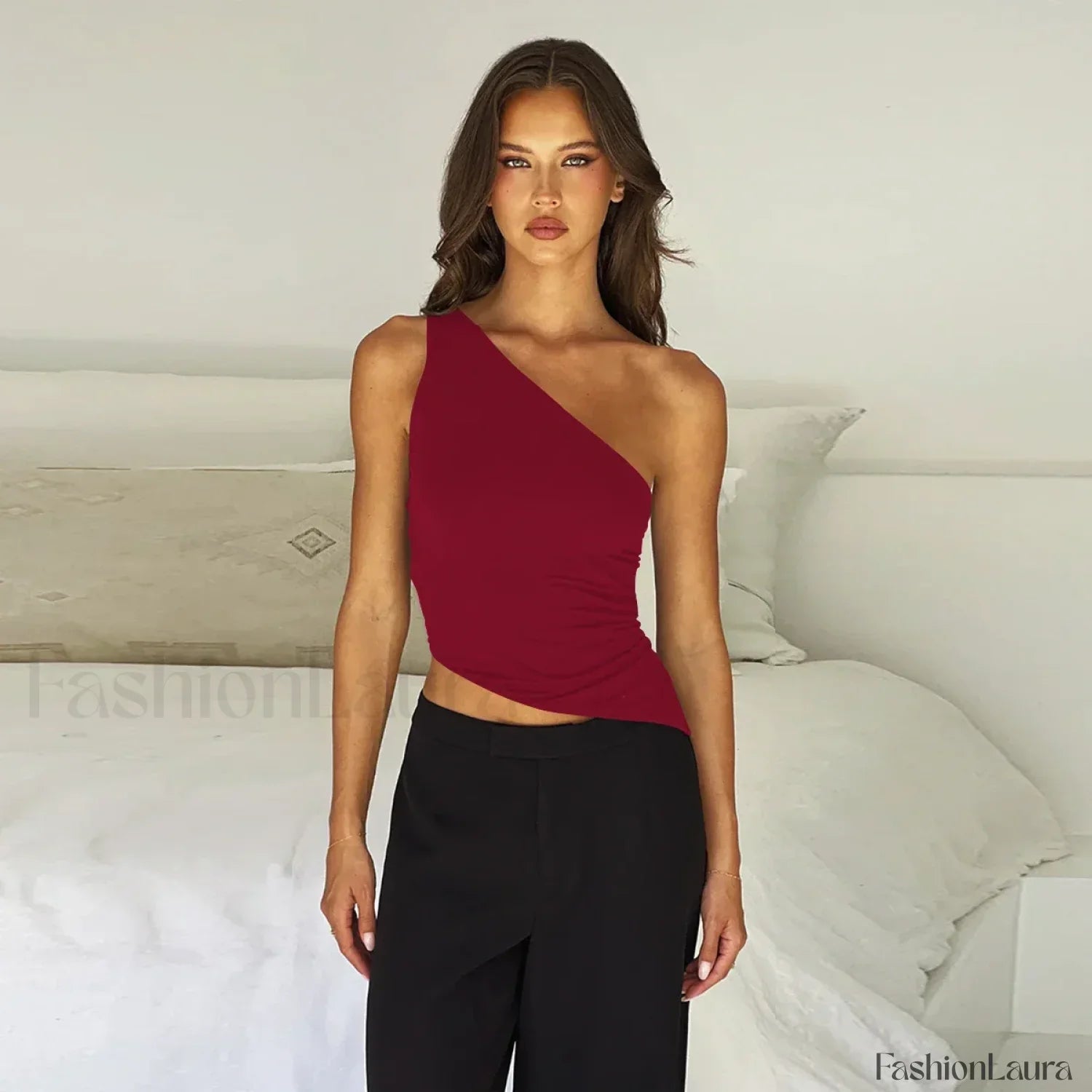 One Shoulder Solid Color Lace-Up Irregular Short Crop Top