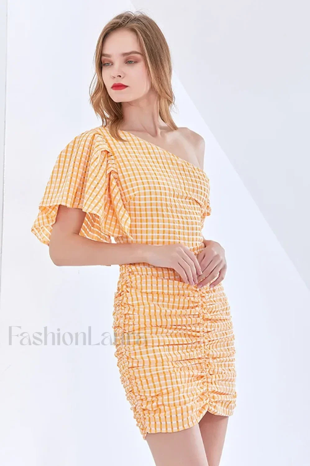 One Shoulder Stylish Asymmetric Check Dress