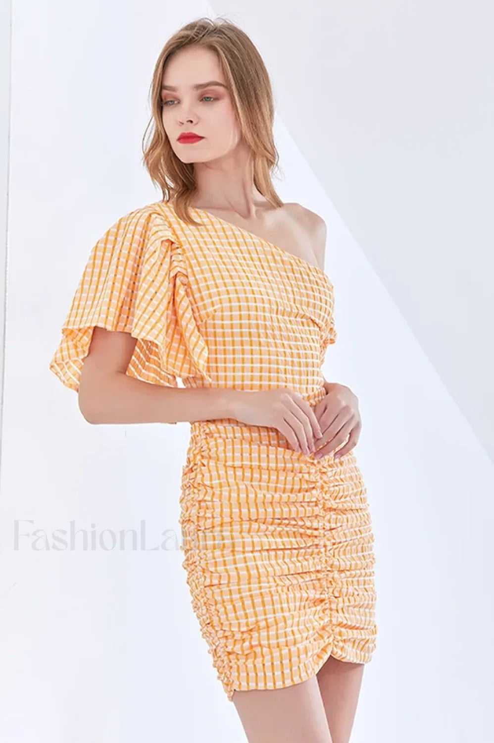 One Shoulder Stylish Asymmetric Check Dress