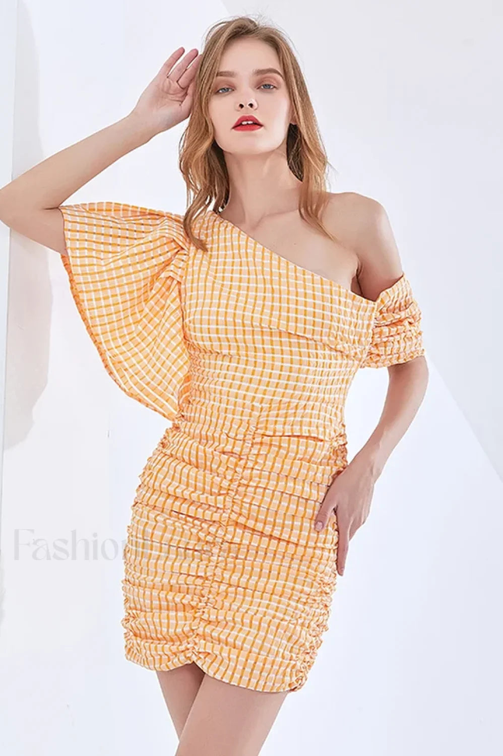 One Shoulder Stylish Asymmetric Check Dress