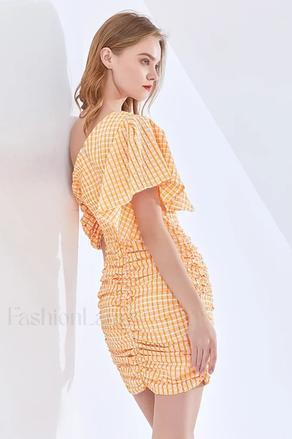 One Shoulder Stylish Asymmetric Check Dress