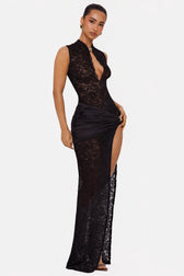 Lace High Neck Sleeveless Cut Out High Split Maxi Dress 2