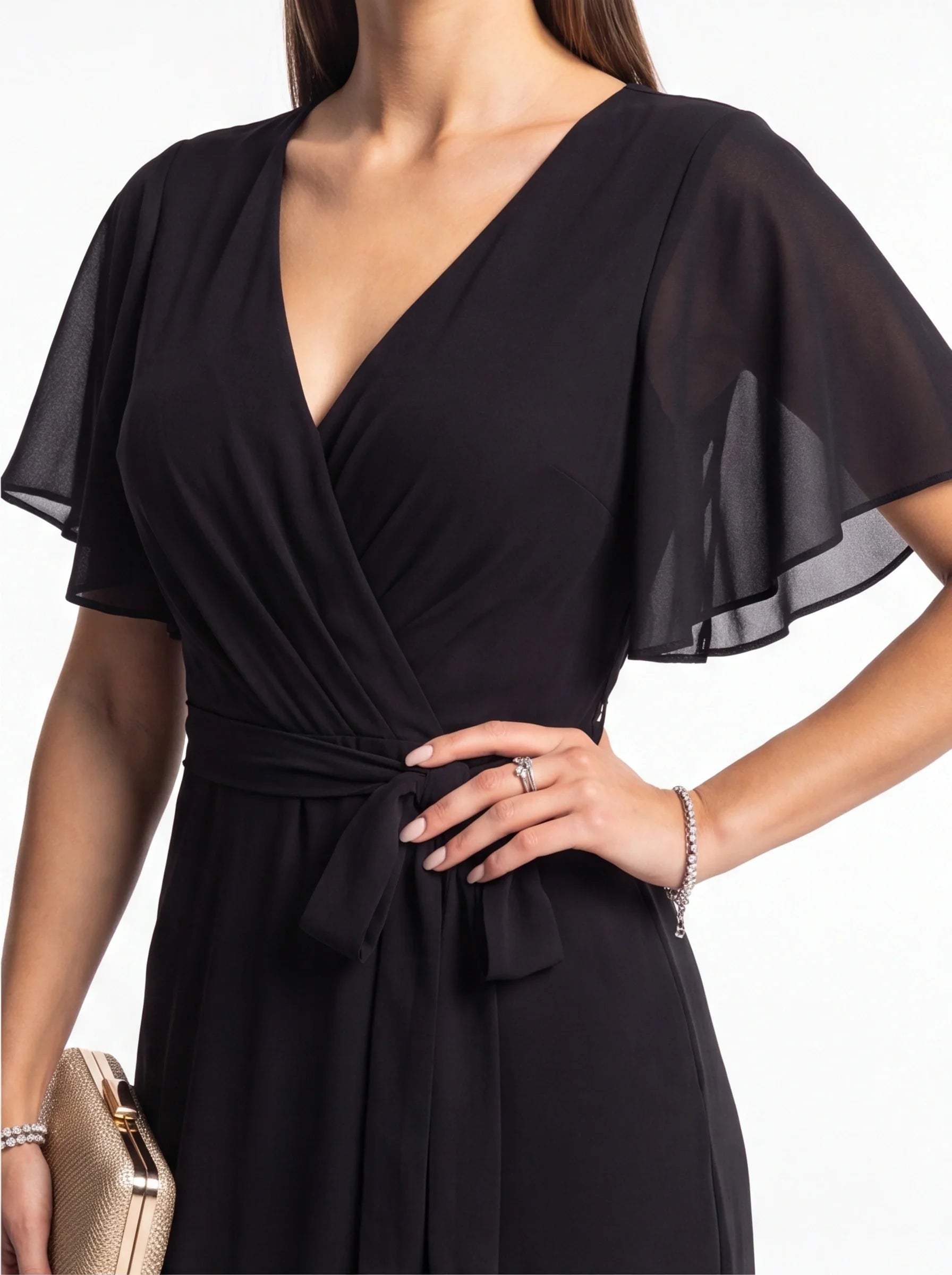 Elegant Wide Leg Jumpsuit Black Wrap V-Neck with Flutter Sleeves Tie Waist
