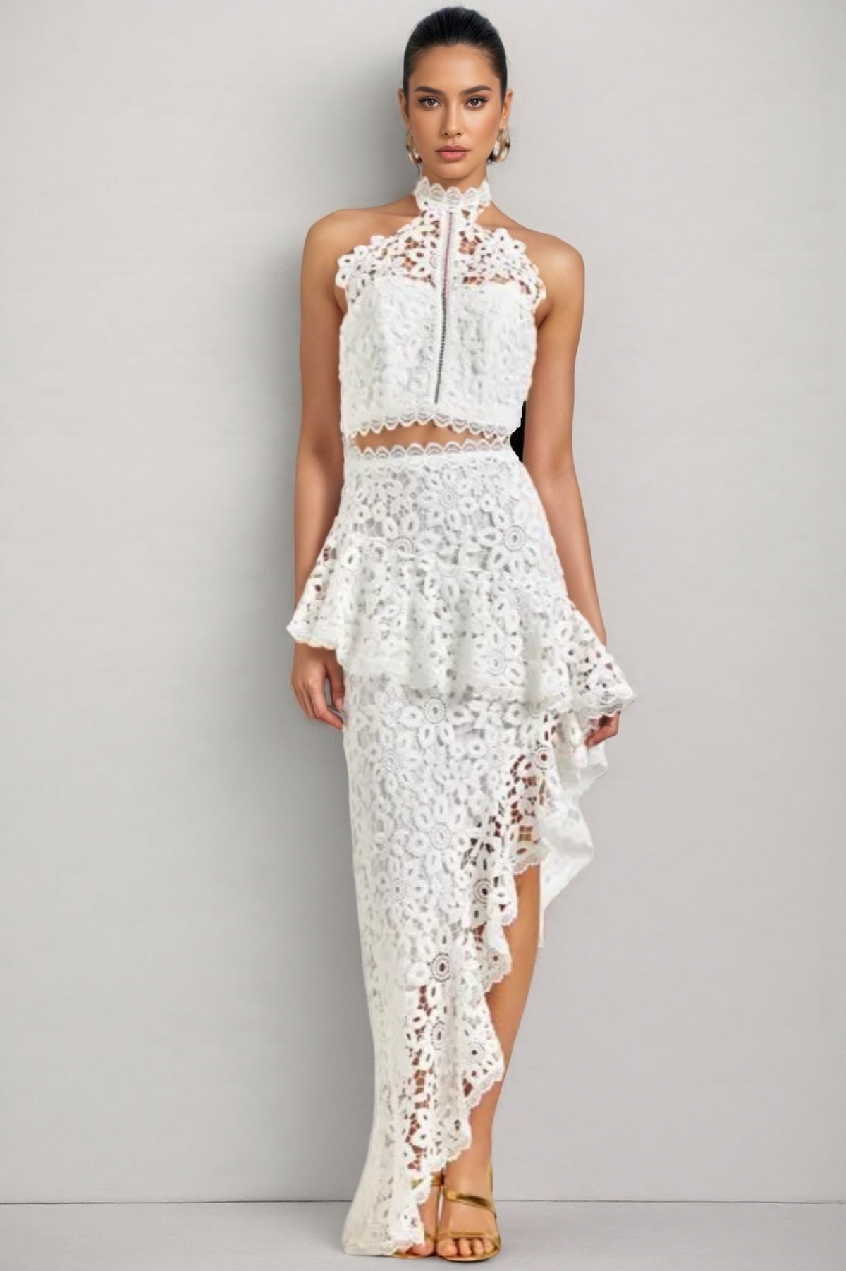 Crochet Lace Halter Crop Top and Ruffle Peplum Maxi Skirt Two Piece Set