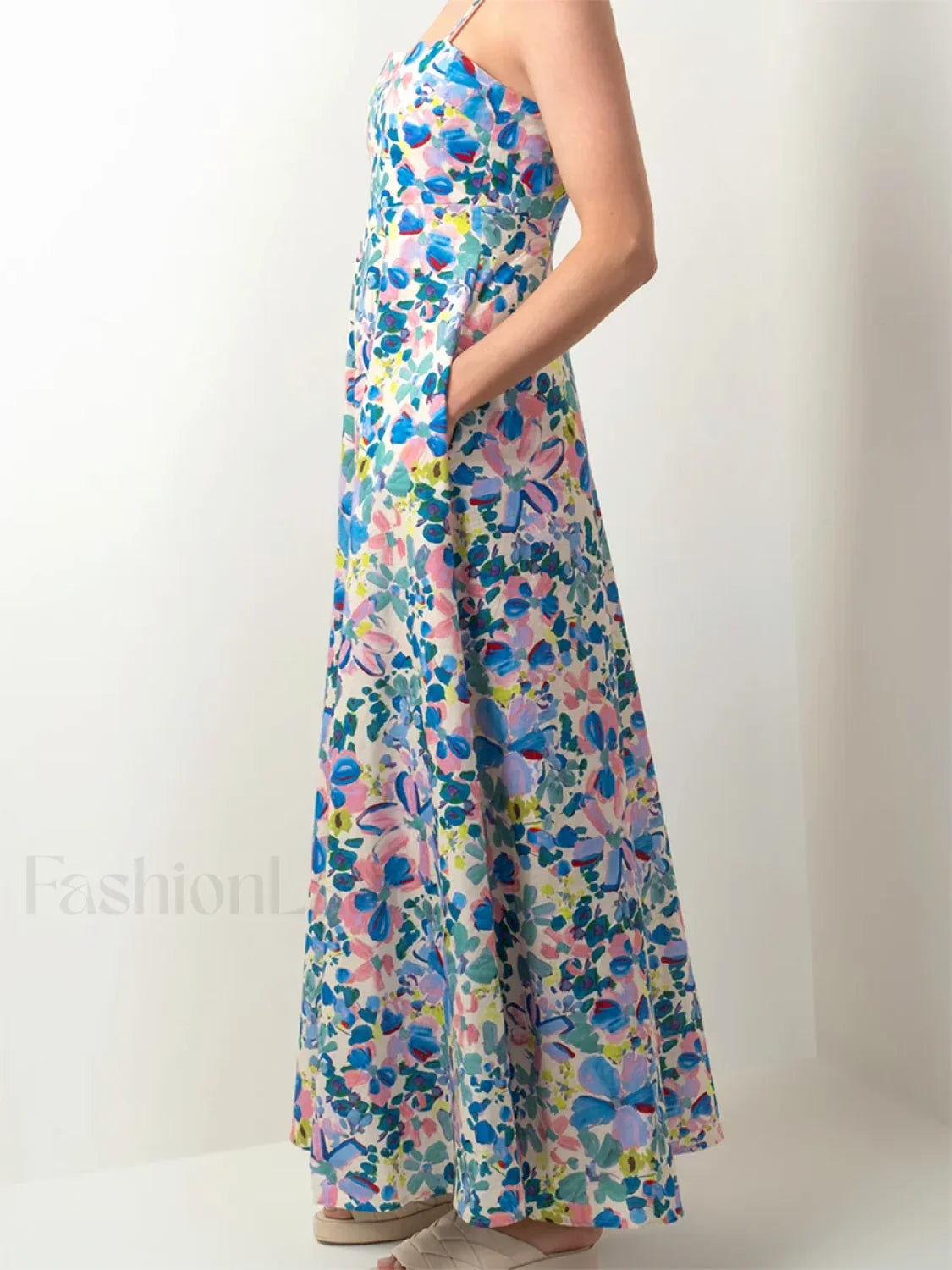 Open Back Floral Zipper Maxi Dress Blue / S