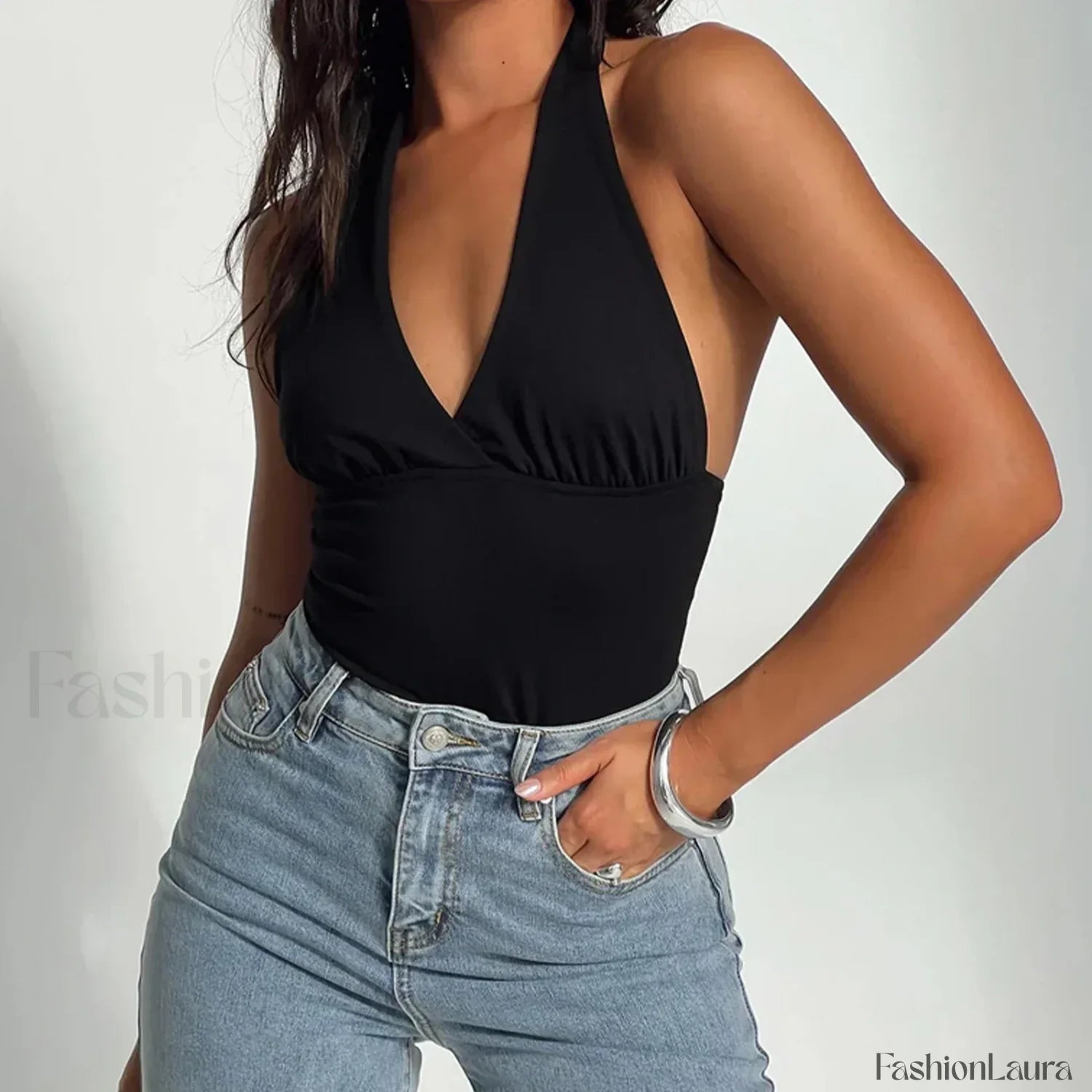 Open-Back Solid Halter Crop Top