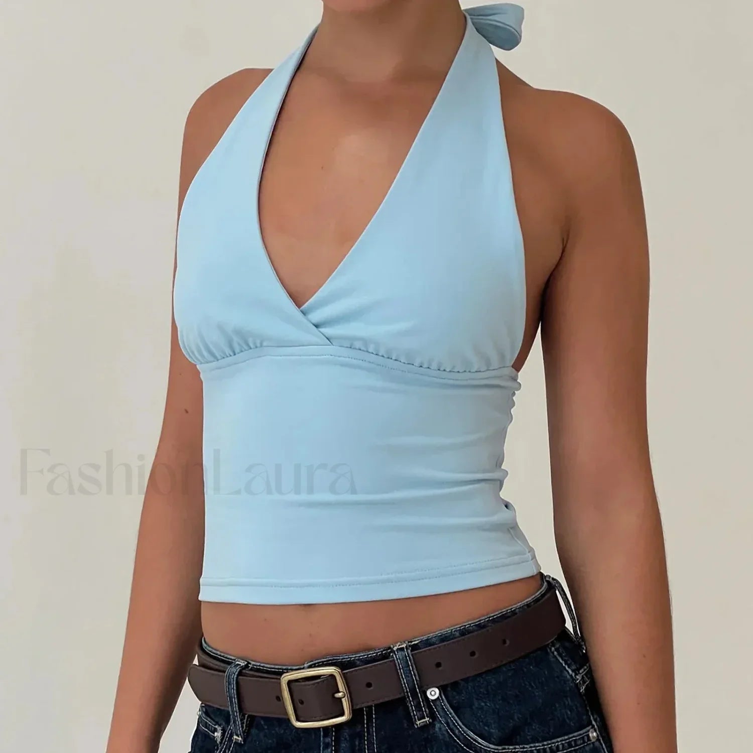 Open-Back Solid Halter Crop Top