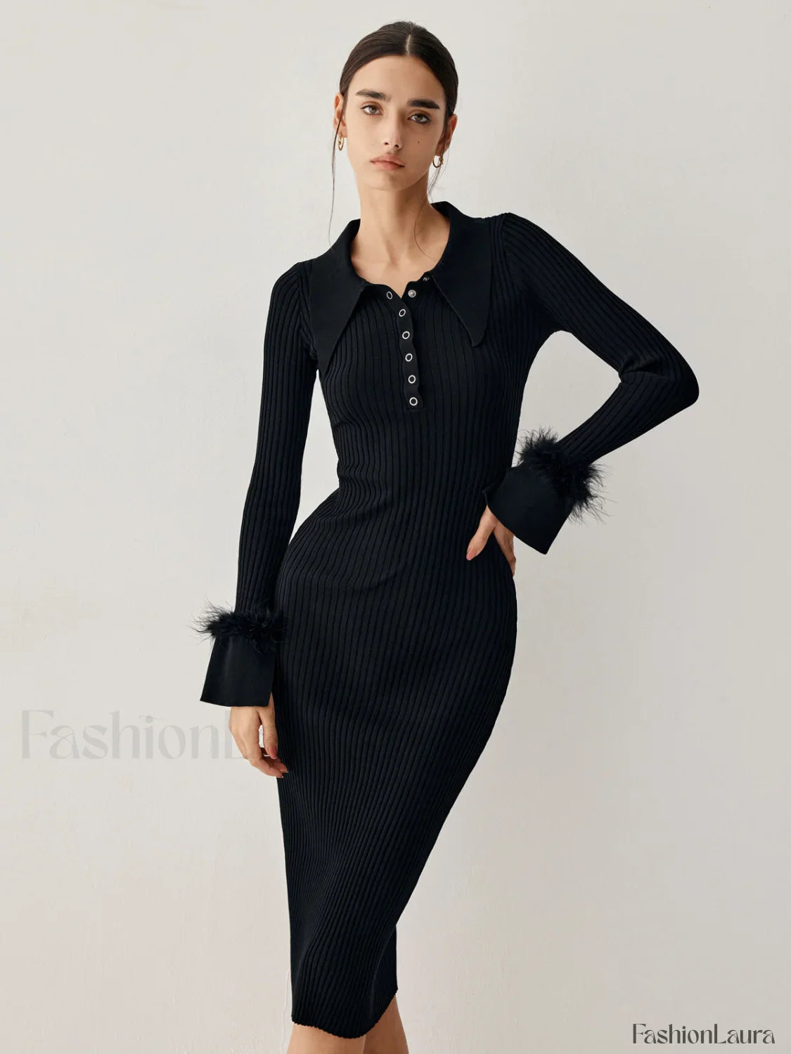 Open Collar Fuzzy Hem Modern Long Sleeve Midi Sweater Dress