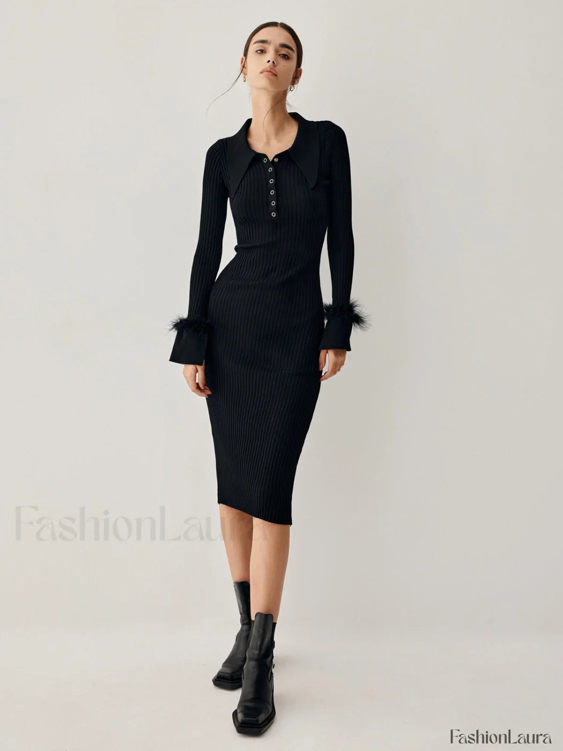 Open Collar Fuzzy Hem Modern Long Sleeve Midi Sweater Dress