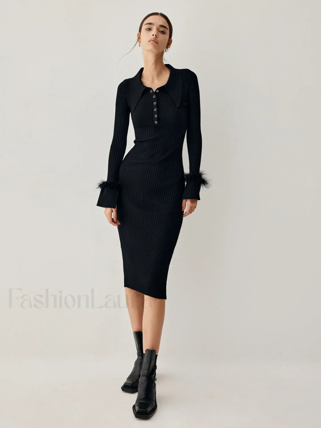 Open Collar Fuzzy Hem Modern Long Sleeve Midi Sweater Dress