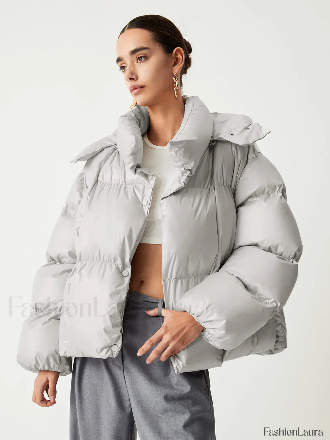 Open Collar Quilted Trendy Hooded Puffer Coat