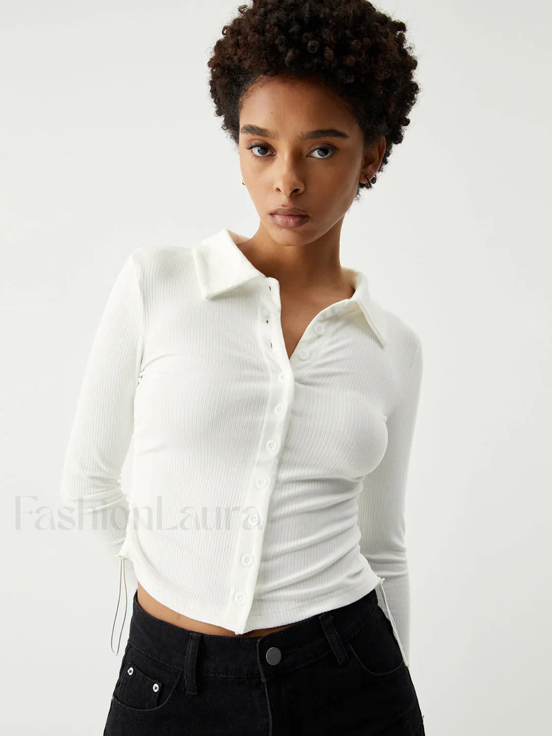 Open Collar Ruched Trendy Long Sleeve Shirt