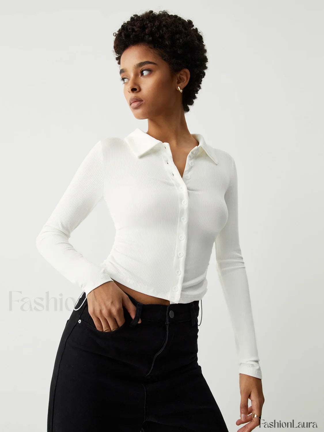 Open Collar Ruched Trendy Long Sleeve Shirt