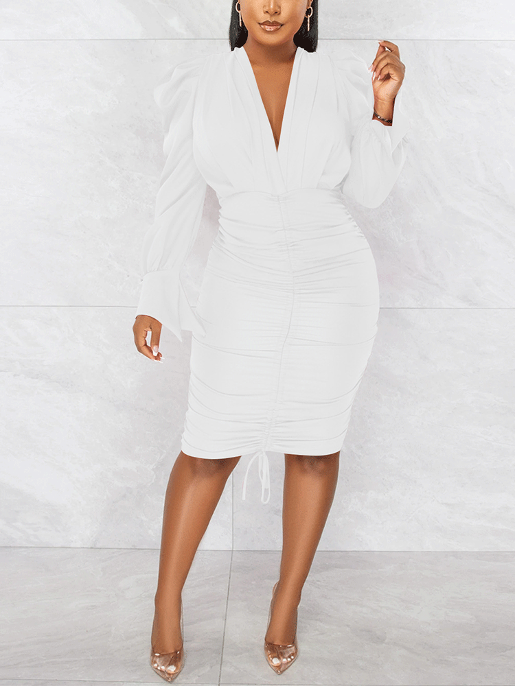 Deep V-Neck Puff Long Sleeve Drawstring Ruched Bodycon Midi Dress 9