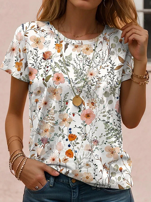 Floral Print Round Neck Short Sleeve Top