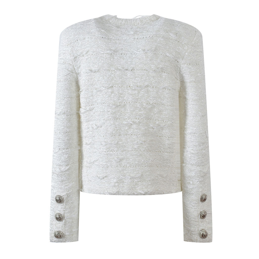 Opulent Crew Neck Button Up Padded Long Sleeve Textured Wool Knit Cardigan